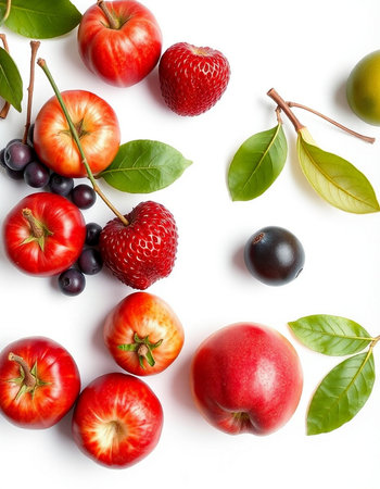 Fruits and berries on white background. Flat lay, top viewの写真素材