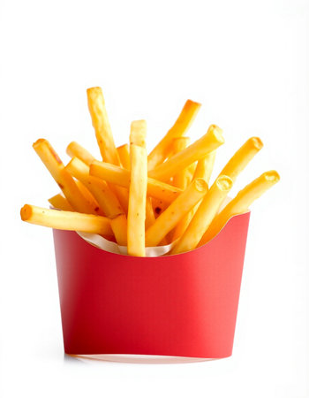 French fries in a red box isolated on white background. Selective focus.