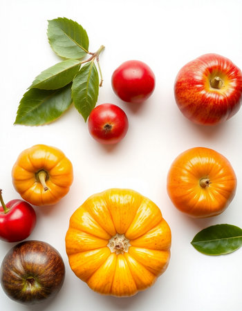 Autumn vegetables and fruits on a white background. Flat lay.の写真素材
