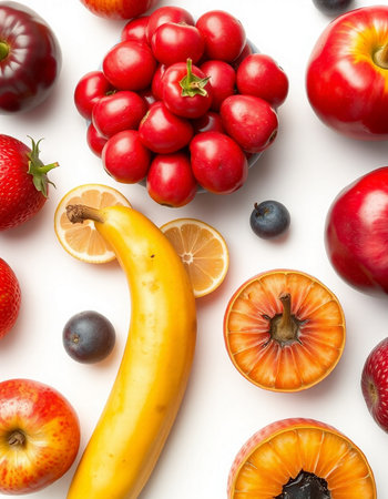 Fruits and berries on a white background. Flat lay, top viewの写真素材