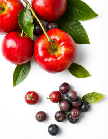 Red apples and black currants with leaves on a white background.の写真素材