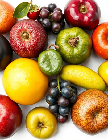 Fruits and vegetables isolated on a white background. Top view.の写真素材