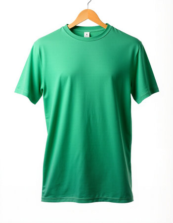 Green t-shirt on a hanger isolated on a white backgroundの写真素材