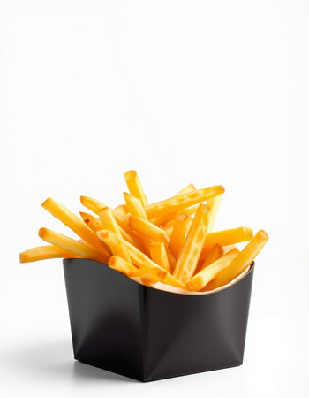 French fries in a black box on a white background, close-upの写真素材