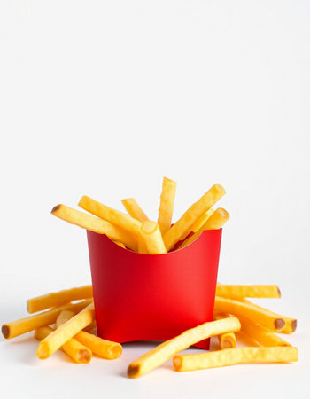 French fries in a red box on a white background with copy spaceの写真素材