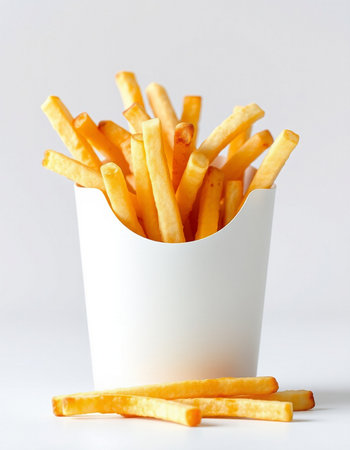 French fries in a white paper box on a white background. Selective focus.