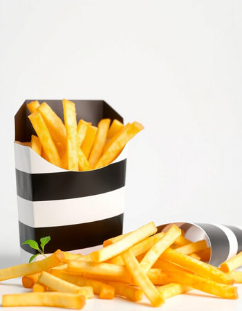 French fries in paper box on white background. Selective focus.の写真素材