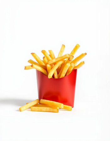 French fries in a red box on a white background. Isolated
