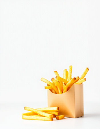 Golden French fries in paper box on white background with copy space.の写真素材