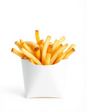 French fries in a white paper box on a white background, isolated