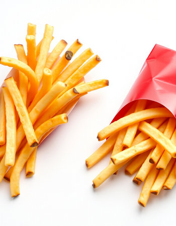 Golden French fries in a red paper bag on a white background.