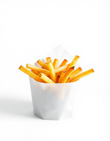 French fries in a paper box on a white background. Isolated