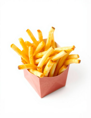 French fries in paper box isolated on white background. Selective focus.