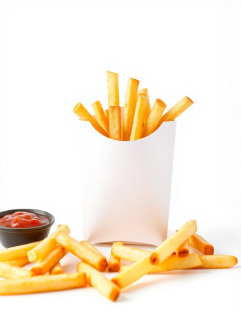 French fries with ketchup isolated on white background. Selective focus.