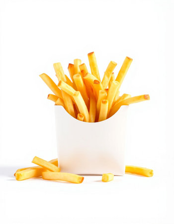 French fries in a white box on a white background. Isolated
