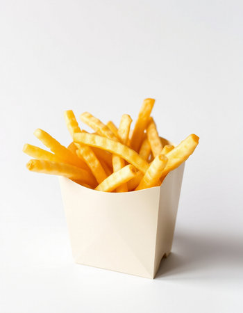 French fries in a paper box on a white background. Fast food.