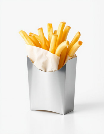 French fries in a paper box isolated on white background. Fast food.
