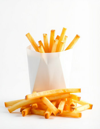 French fries in paper box on white background. Selective focus.