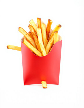 French fries in a red box isolated on white background. Fast food.