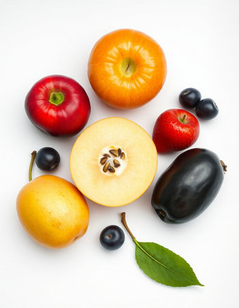 Fruits on a white background. Top view. Healthy food.の写真素材