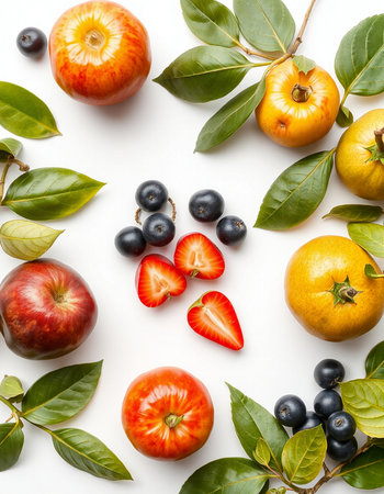 Fruits and berries on a white background. Flat lay, top viewの写真素材