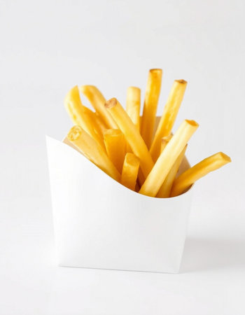 French fries in a white box on a white background, close-up