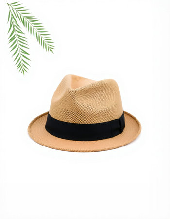 Beach hat with palm leaf on white background. Isolated.の写真素材