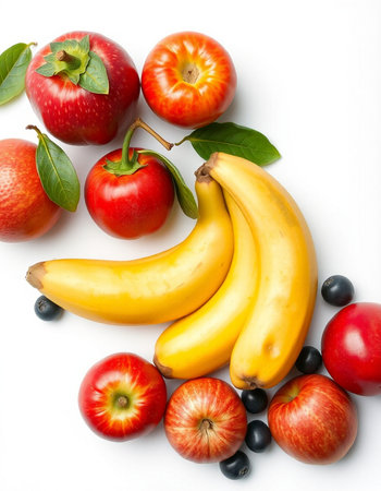 Bananas, apples and blueberries on white background, top viewの写真素材