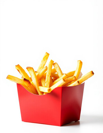French fries in a red box on a white background. Isolated