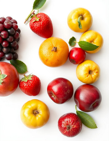 Fruits and berries isolated on a white background. Top view.の写真素材