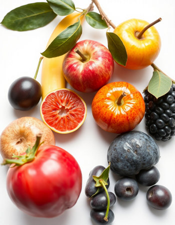 Fruits and vegetables on white background. Healthy food. Top view.の写真素材