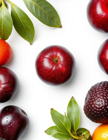 Fruits on white background. Top view. Flat lay pattern.