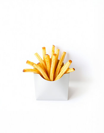 French fries in a white box on a white background. Fast food.の写真素材