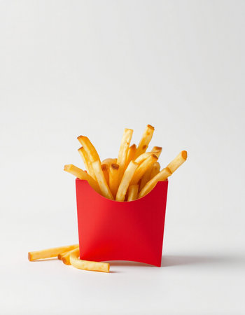 French fries in a red box on a white background, fast foodの写真素材