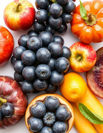 Fruits and vegetables isolated on a white background. Top view.の写真素材
