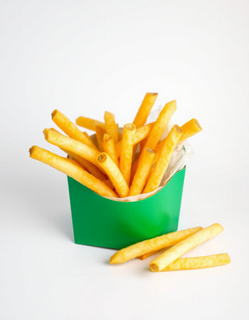 French fries in a green box on a white background, fast foodの写真素材