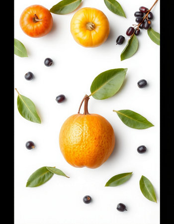 Fresh orange with leaves and berries on white and black background, top viewの写真素材
