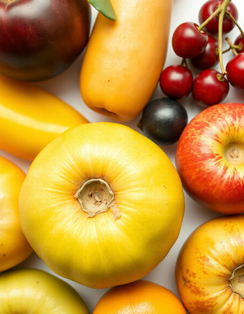 Fruits and vegetables isolated on a white background. Top view.