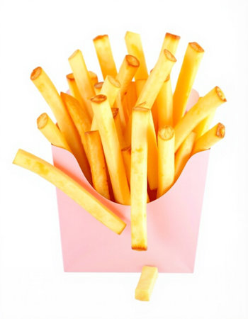 French fries in a pink box on a white background. Isolated