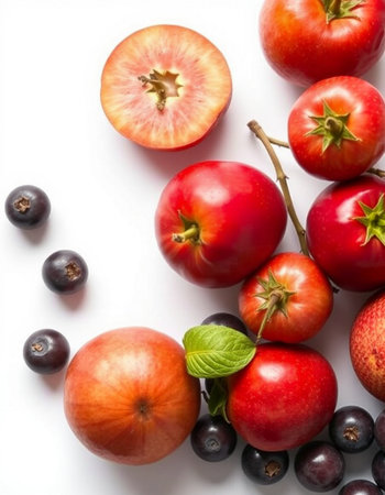 Red and black fruits isolated on white background. Top view. Flat lay.の写真素材
