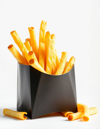 French fries in a black box on a white background. Fast food.の写真素材