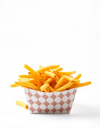 Golden French fries potatoes in paper cup on white background, copy space