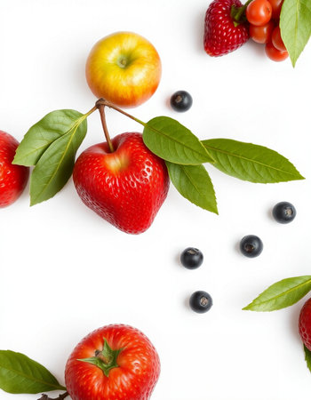 Fresh fruits and berries with leaves isolated on white background. Flat lay, top view
