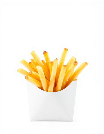 French fries in a white box isolated on white background, clipping path