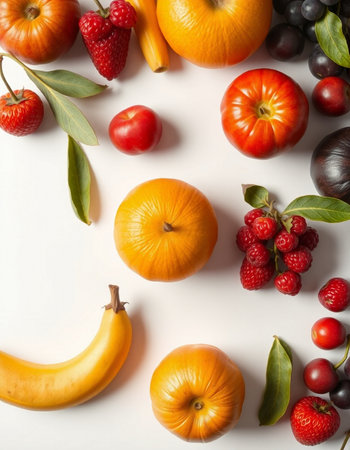 Composition with different fruits and vegetables on white background, top view