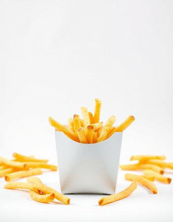 French fries in a paper box on a white background. Selective focus.