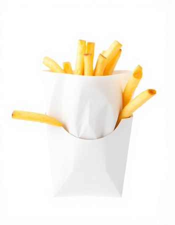 French fries in a white paper box on a white background, isolated