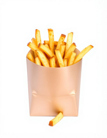 French fries in a paper box on a white background. Isolated