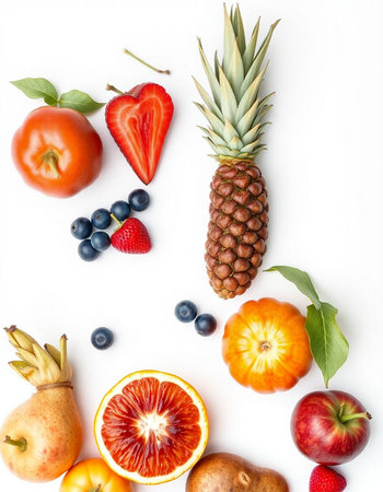 Fruits and vegetables isolated on white background. Flat lay, top viewの写真素材