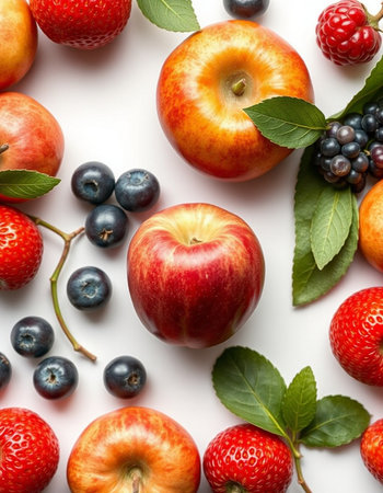 Fruits and berries on a white background. Flat lay, top viewの写真素材